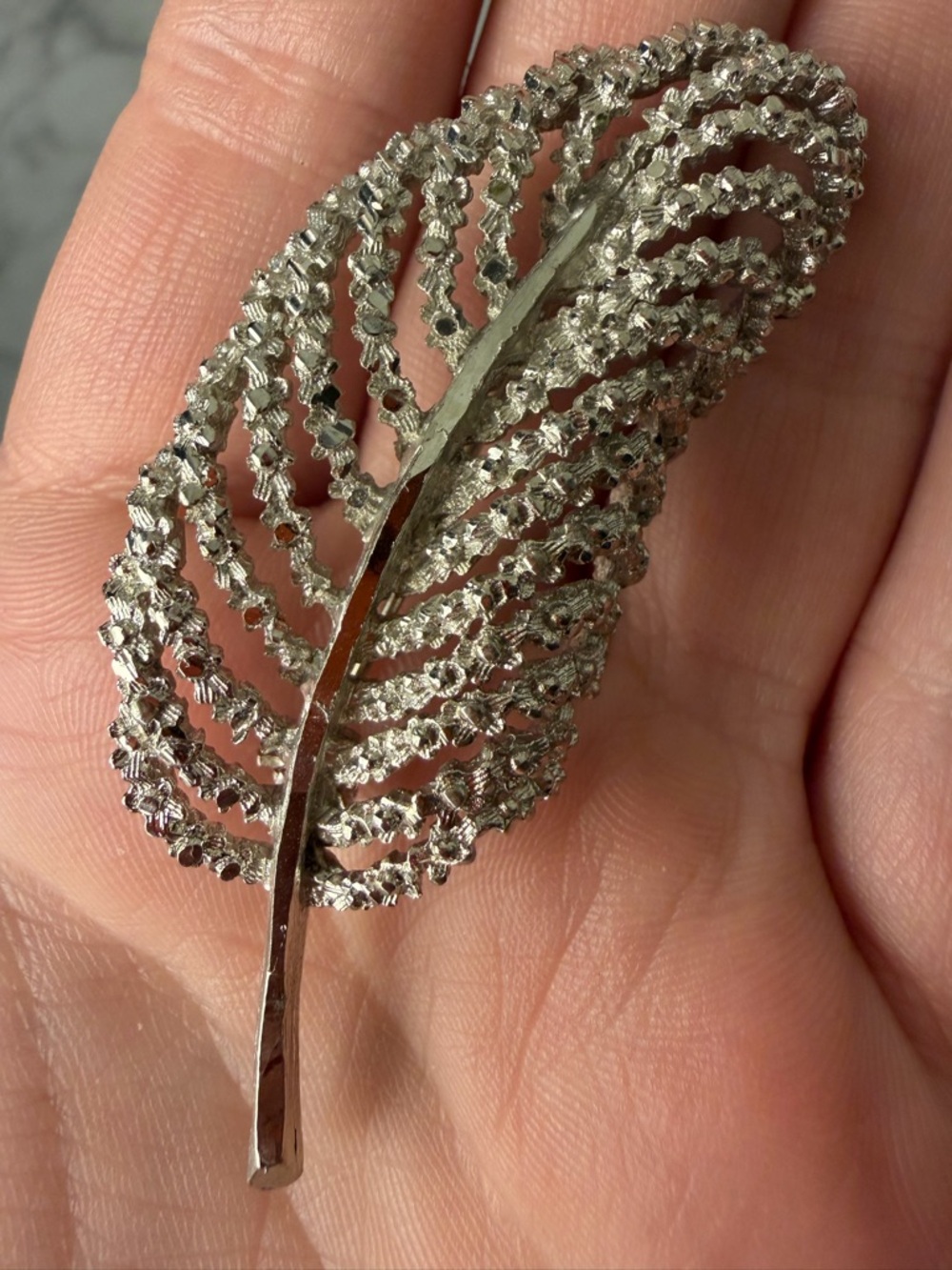 Vintage Silver Tone Leaf Brooch Textured Openwork Statement Pin Mid Century